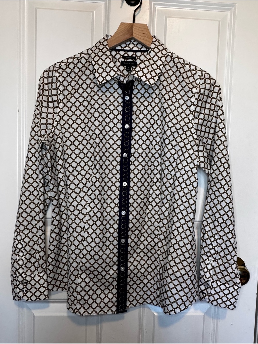 Talbots White and Gold Chain Link Shirt with Navy Placket, Equestrian Inspired